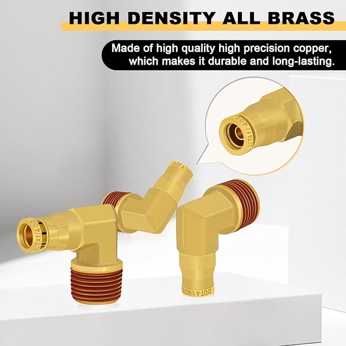 Siptenk 1/4" Elbow DOT Brass Push to Connect Air Line Fittings 5 PCS, 1/4" OD Tube x 3/8" NPT Thread Air Brake Line Quick Connect Fittings for Truck Trailers Industry Air System