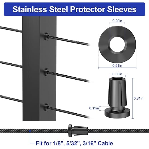 BLIKA Upgraded 20 Pack Stainless Steel Black Protector Sleeves for 1/8" 5/32" or 3/16" Deck Cable Railing, for Metal Posts, T316 Marine Grade, Cable Railing Protector Sleeves, Cable Railing Post Kits
