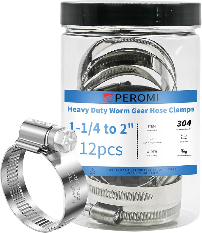 12PCS Heavy Duty Hose Clamps Stainless Steel 304,1-1/4" Hose Clamp to 2" Hose Clamp (32-50mm) Adjustable Worm Gear Drive Radiator Hose Clamps,Pipe Clamp for Automotive, Garden,and Industry
