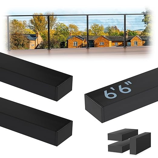 3Pack 6'6" T304 Stainless Steel Handrails Black with Extension Connectors End Cap Kits for Cable Railing System Posts Kit, Cuttable Rectangular Handrails Flat Top Rail - 2.36" W x 1.18" H