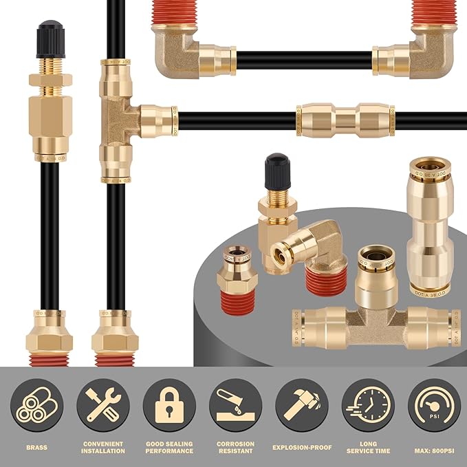 CheeMuii 43 Pcs Brass DOT Air Line Fittings with 50FT 1/4" & 32.8FT 3/8" DOT Air Hose Kit - 1/4, 3/8, 1/2 Push to Connect NPT Thread & Quick Connect Fittings