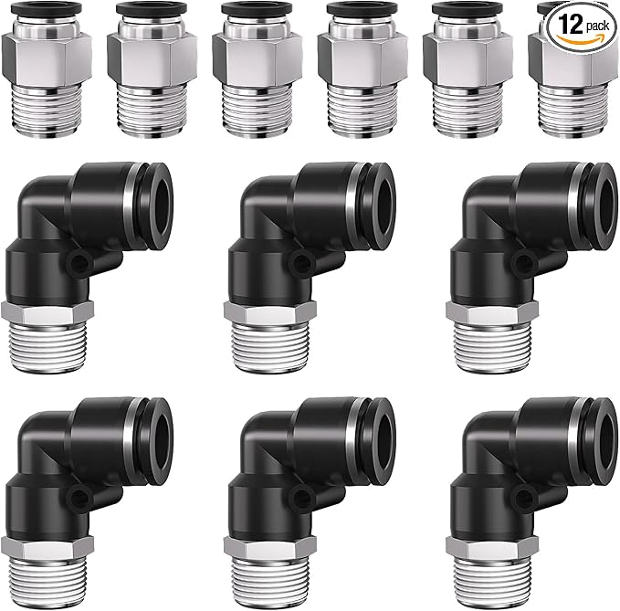 5/32" Tube OD to 1/4" NPT Thread Push to Connect Fittings,Pneumatic Quick Air Hose Fittings,Male Straight + Elbow,PC+PL(12pcs)