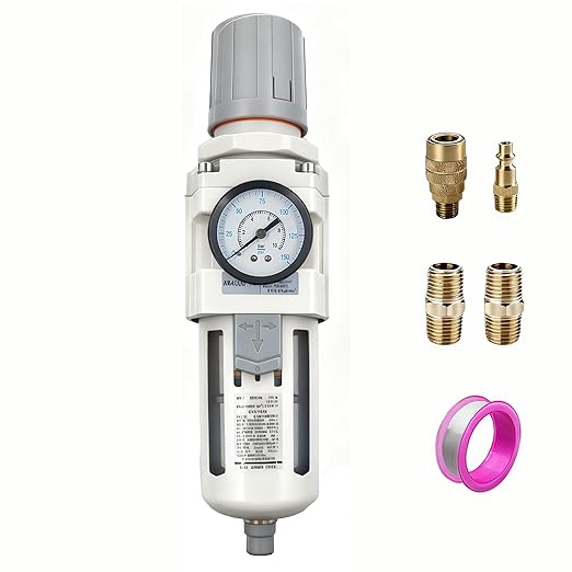 XingNEeng 1/2" NPT Compressed Air Filter Regulator Lubricator Combo, Water/Oil Trap Separator, Gauge(0-150 psi), Semi-Auto Drain, Poly Bowl, 5 Micron Brass Element, Bracket, for Pneumatic Systems