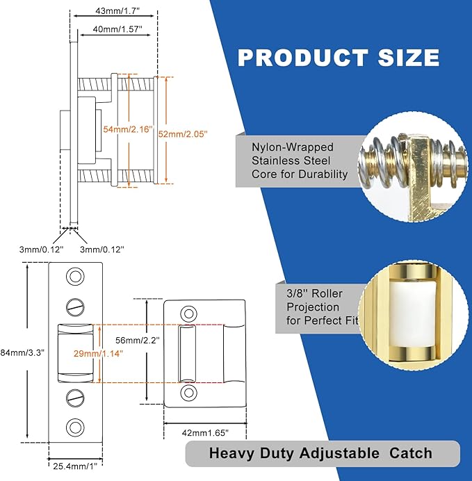 HOMOTEK 2 Pack Commercial Heavy Duty Door Roller Catch, Drive in Ball Catch with Strike Plate Solid Zinc Adjustable Silent Door Latch, Spring Tension Roller, Brushed Brass