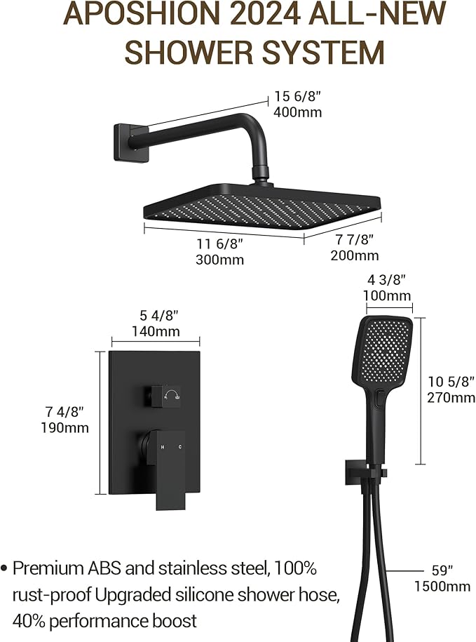 Upgraded Shower System for Bathroom: Aposhion 12 Inch Square Rainfall Shower Faucet Set Rough-in Pressure-balanced Valve with Handheld Sprayer, Wall Mounted Luxury Rain Shower Faucet Kit Complete
