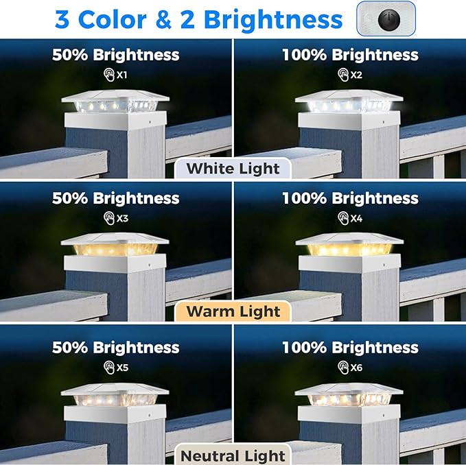 Peasur 4x4IN Solar Post Cap Lights Outdoor with 3 Modes, 4 Packs White Fence Light Solar Powered Waterproof for Wood/Vinyl Posts for Deck Yard Garden Patio Outside