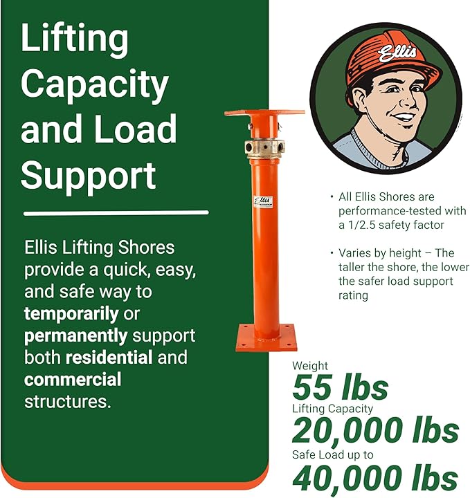 ELLIS Heavy-Duty Adjustable Steel Shore – Foundation Jack for Basement, Floor Leveling, and Concrete Bracing – 40,000 lb Safe Load Capacity – 31"-56" Adjustment
