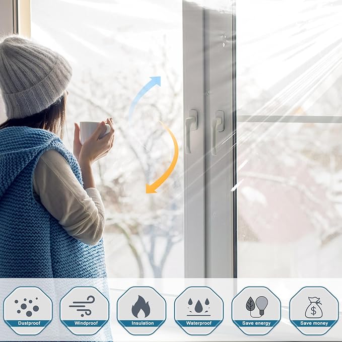 Window Insulation Kit, Plastic Window Covering 62 Inch Wide × 393 Inch Length with Double-Sided Tape, Insulator Seal Kit for 10 - 3'x5' Windows Winterizing for Winter, 1 Roll Clear