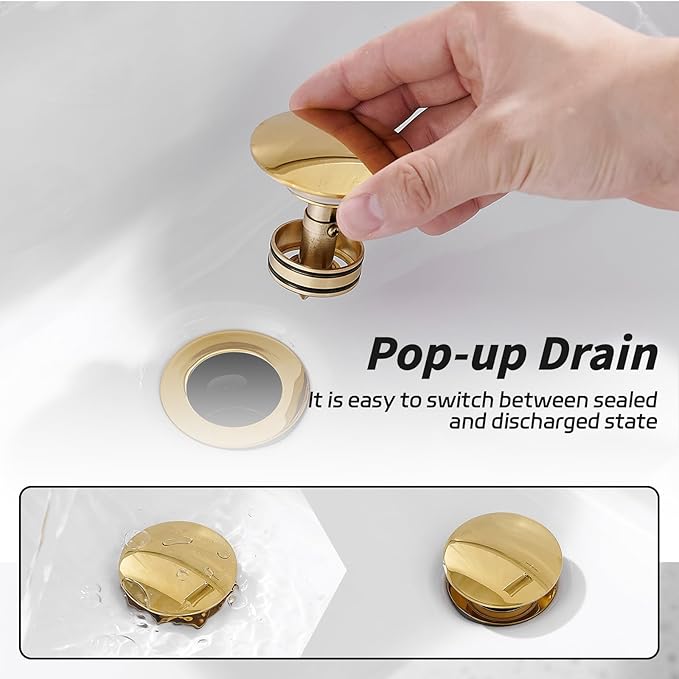 BWE Bathroom One-Piece Pop Up Drain Assembly with Strainer Sink Drain Stopper with Overflow for Bathroom Vessel Vanity Faucet Sink Brushed Gold