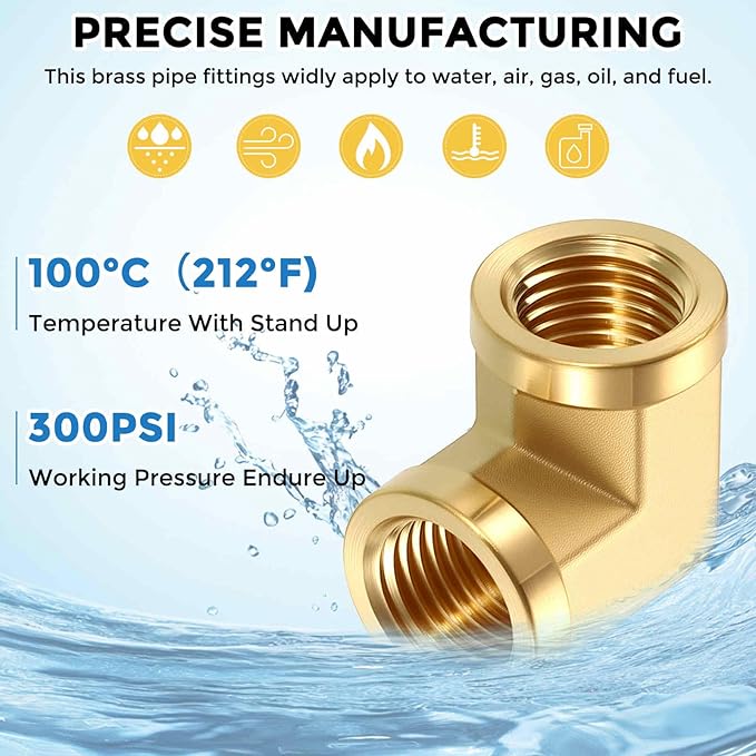 Pack of 5, 90° 1/4" FeMale NPT to 1/4" FeMale NPT Solid Brass Barstock Street Elbow, Forged Pipe Fitting for Pipe Leak Repair, Bathroom Remodeling, Tool Extensions, Compression