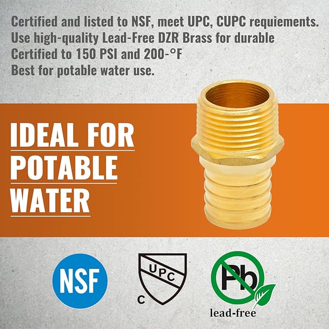 SUNGATOR 12-Pack PEX 3/4" x 1/2" NPT Male Threaded Adapter Crimp Fitting, No Lead Brass