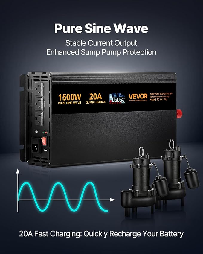 VEVOR Sump Pump Battery Backup System, 1500W, Auto Switches to Battery Inverter for Continuous Sump Pump Operation, Pure Sine Wave, LCD Display, for Basement Protection Emergency and Power Outage