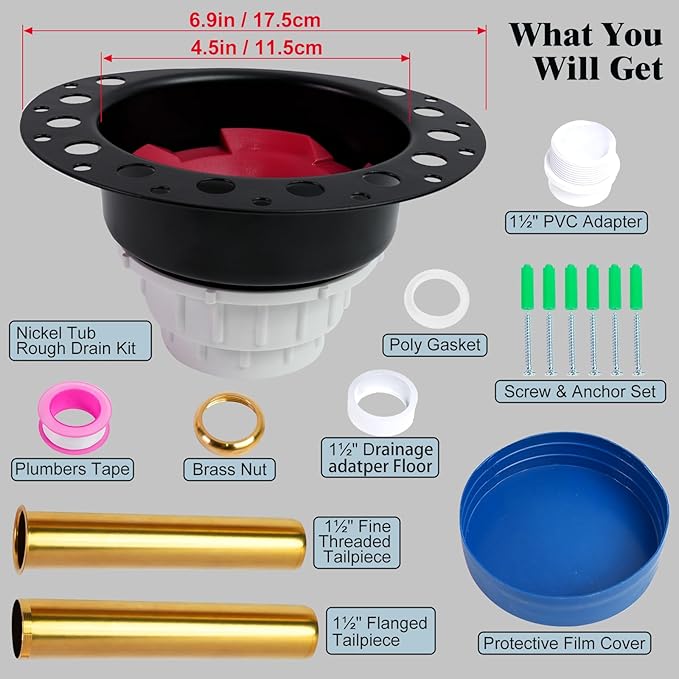 Freestanding Tub Drain Rough-in Kit, [Built to Last][Easy Installation] Bathtub Drain Kit with PVC Plastic Adapter and Brass Tail Pipes, for Freestanding, Floor Mounted, Copper Bathtub