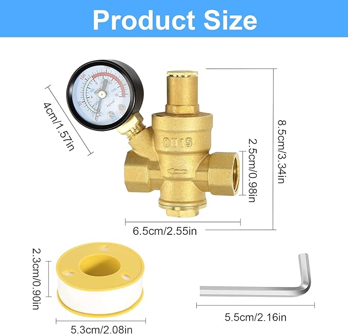 Water Pressure Regulator 1/2 inch with Gauge, Made of 100% High Hardness Brass, Adjustable Water Pressure Reducing Valve Water