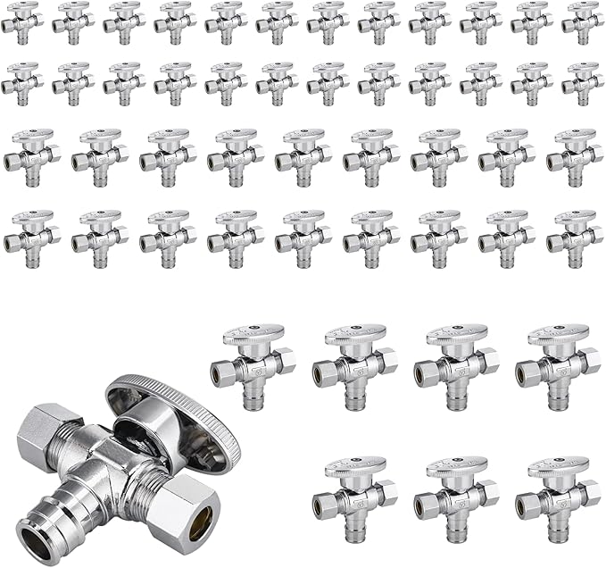 50-Pack Foskan Dual Outlet Angle Stop Valve,1/4 Turn Shut off Valve,1/2" PEX-A x 3/8" OD x 3/8" OD,Chrome Plated Brass
