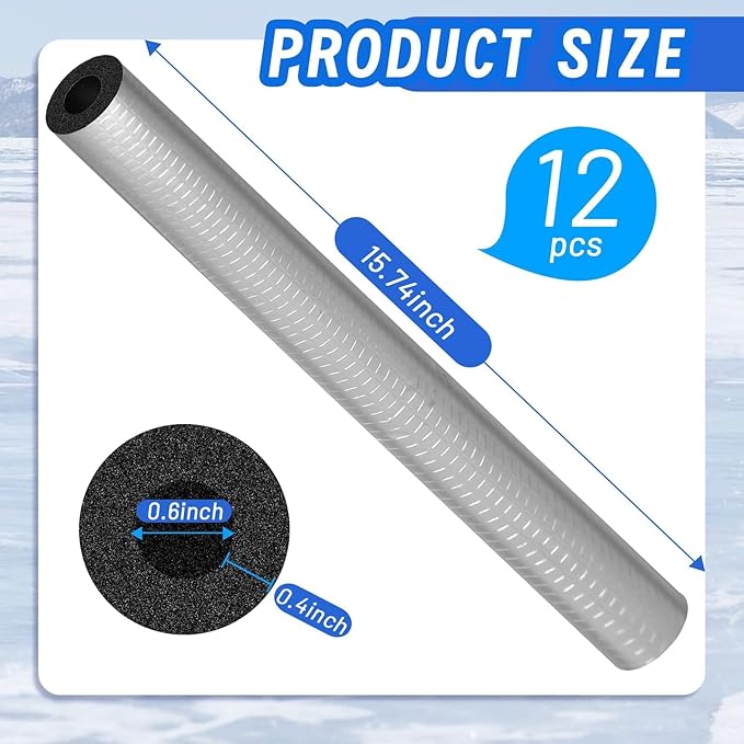 12 Pack Pipe Insulation Foam Tube Self Adhesive Insulation Foam Wrap Aluminum Foil Pipe Covers for Spigot, Winter Outside Pipes, Sprinkler, Water Heater Pipes Freeze Protection (15.74" x0.6"ID)
