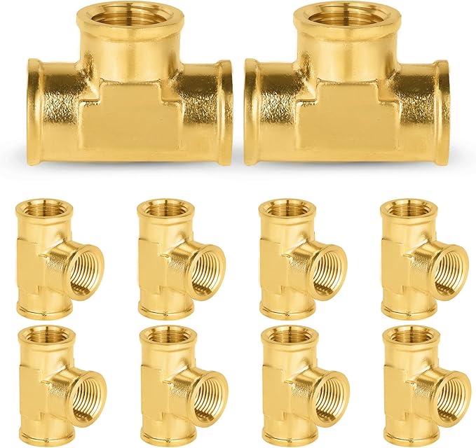 10-PCs HeSun Brass Pipe Fitting, 1/2" x 1/2" x 1/2" NPT Female Thread Tee