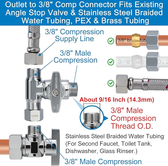 Brass Angle Stop Add-A-Tee Valve,3/8 x 3/8" x 3/8 Compression Water Splitter