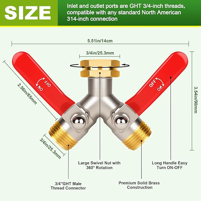 Hose Splitter 2 Way, High Flow Garden Hose Splitter, 3/4” Ght Inlet Brass Heavy Duty Hose Converter, water 2 Way Faucet hose splitter, Long Handle Hose Valve Large Outlet.