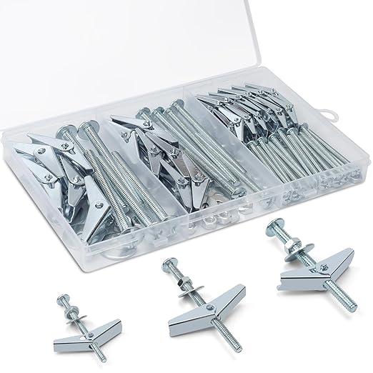 100pcs Heavy Duty Drywall Anchors and Screws, 25 Sets Toggle Bolts and Wing Nuts Set for Hanging Lamps Heavy Items 1/8" 14 Sets, 3/16" 6 Sets, 1/4" 5 Sets