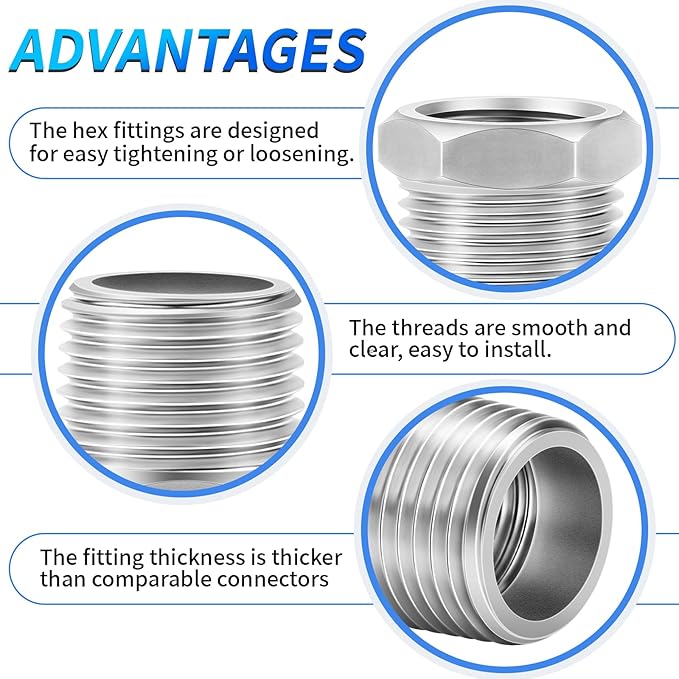 ChillWaves 304 Stainless Steel Pipe Fitting, Reducer Hex Bushing 3/8" NPT Male x 1/4" NPT Female Thread Adapter(6-PACK)