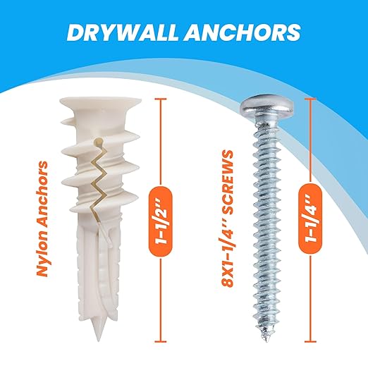 130pcs Drywall Anchors and Screws Kit – #8 x 1-1/4” Self Drilling Anchors – No Pre-Drill Required – Heavy Duty Wall Anchors for Drywall – Holds Up to 75lbs