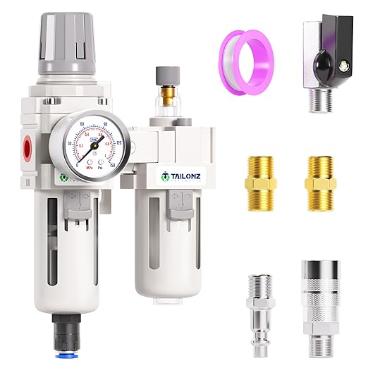 TAILONZ PNEUMATIC 3/8 Inch NPT Air Filter Pressure Regulator Water/Oil Trap Separator Combo(0-145PSI),Air Tool Compressor Filter with Gauge AC3010-03D（Automatic Drainage）