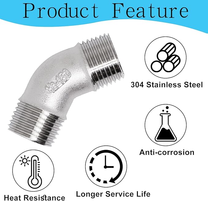 2PCS 304 Stainless Steel 45 Degree Elbow, 1/2" NPT Male Pipe to 1/2" NPT Male Coupler, Heavy Duty Forged Street Elbow Adapter Pipe Fittings, Class 150