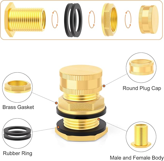 GASHER Brass Garden Hose Bulkhead Fitting With Plug, 1/2" Female NPT, 3/4" Male GHT(garden Hose Thread) Bulkhead Tank Connector Adapter Fitting with Rubber Ring(2 Pack)