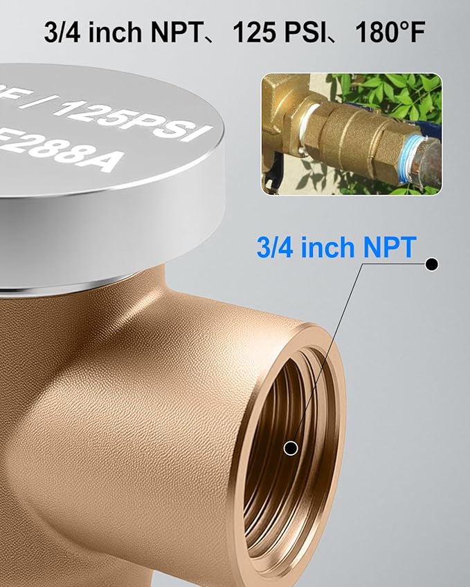 3/4" Vacuum Breaker with Female NPT Inlet and Outlet Replace LF288A, 125 PSI 180°F Lead-Free Backflow Preventer for Outdoor Faucet Garden Hose Irrigation System Low-Flow Applications
