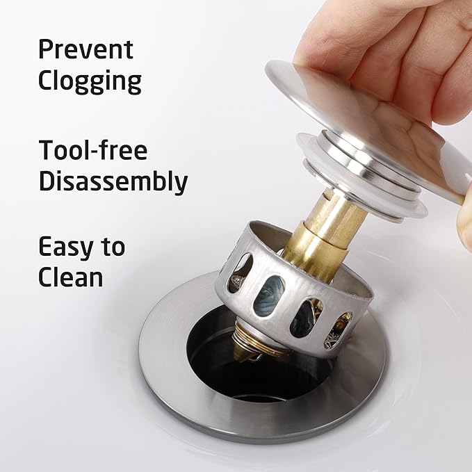 KES Bathroom Sink Drain with Strainer Basket Hair Catcher Anti Clog Pop Up Drain Stopper Vanity Vessel Sink Without Overflow, Brushed Nickel All Metal Rustproof 304 Stainless Steel, S2013D-BN