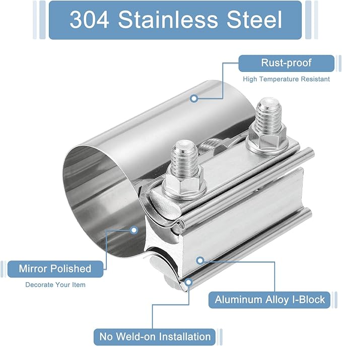 uxcell 2 Inch Exhaust Clamp, 304 Stainless Steel Butt Joint Band Clamp Sleeve Coupler Pipe Repair Clamp Universal Widening Clamp for Exhaust Pipes Mufflers, Silver