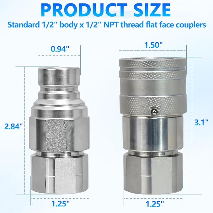 1/2’’ NPT Flat Face Hydraulic Quick Connect Couplers/Couplings with Dust Caps, The Universal Bobcat Flat Face Quick Connect Fittings with with 1/2’’ Body ISO 16028 Standard-4Set