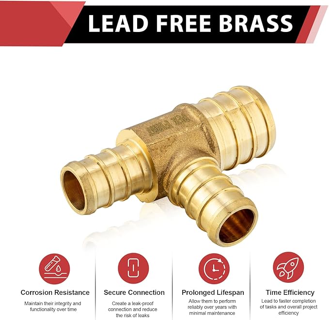 (Pack of 3) EFIELD Barb Crimp Pex 1" x 3/4" x 3/4" Reducing Tee Brass Fittings,ASTM F1807,(PEX1807088-3PCS)