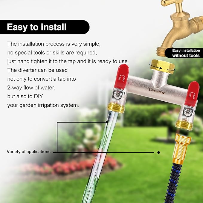 2 Way Garden Hose Splitter, Heavy Duty Brass Nickel Plated Rust Resistant Faucet Manifold, 3/4" Frost Resistant Outdoor Hose Adapter Connector，Hose Spigot Adapter with 2 large red handles