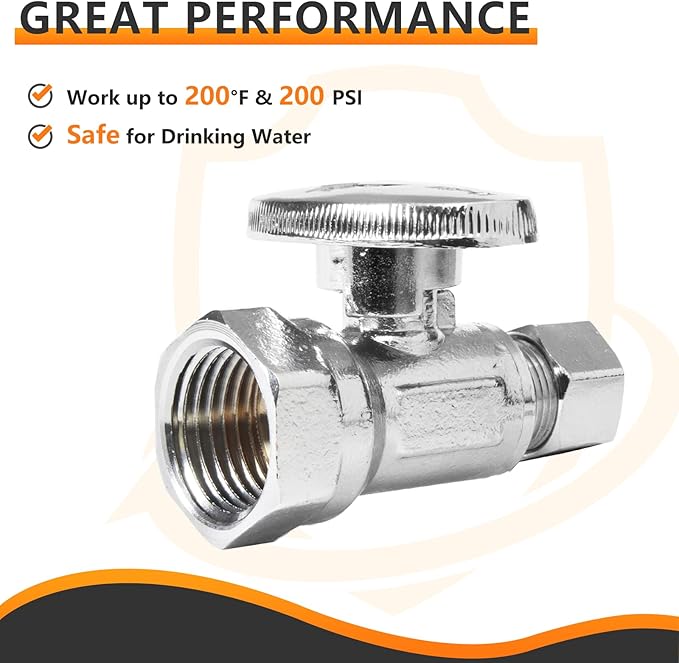 100-PCs HeSun Straight Stop Valve, 1/2" FIP X 3/8" OD Compression, 1/4 Turn Shut Off Valve, Chrome Plated Brass(VALVE057-100)