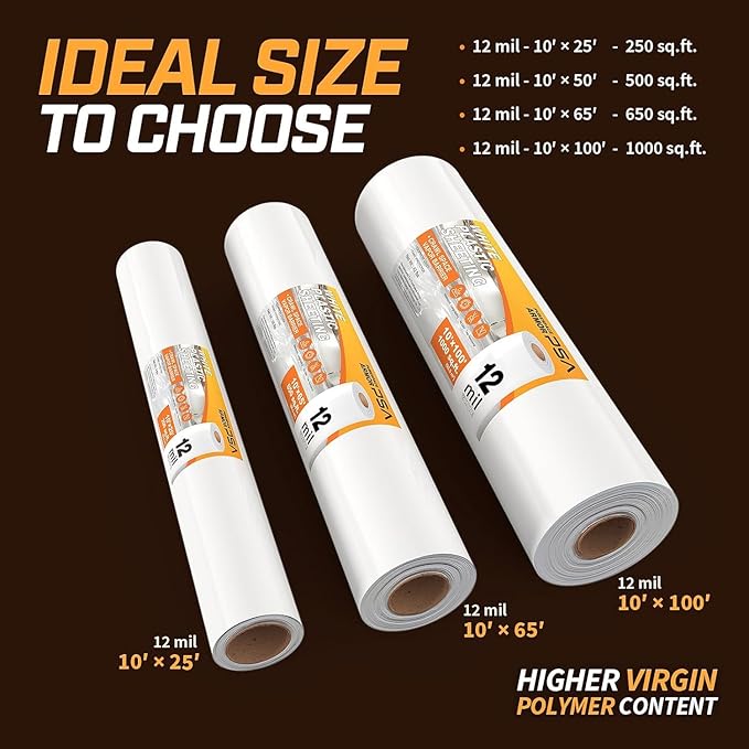 Crawl Space Vapor Barrier, 12 mil 10'x80', White Heavy Duty Plastic Sheeting - Thick Polyethylene Film, 12mil Crawlspace Liner, Drop Cloth Vapor Barrier Covering for Crawlspace and Basement