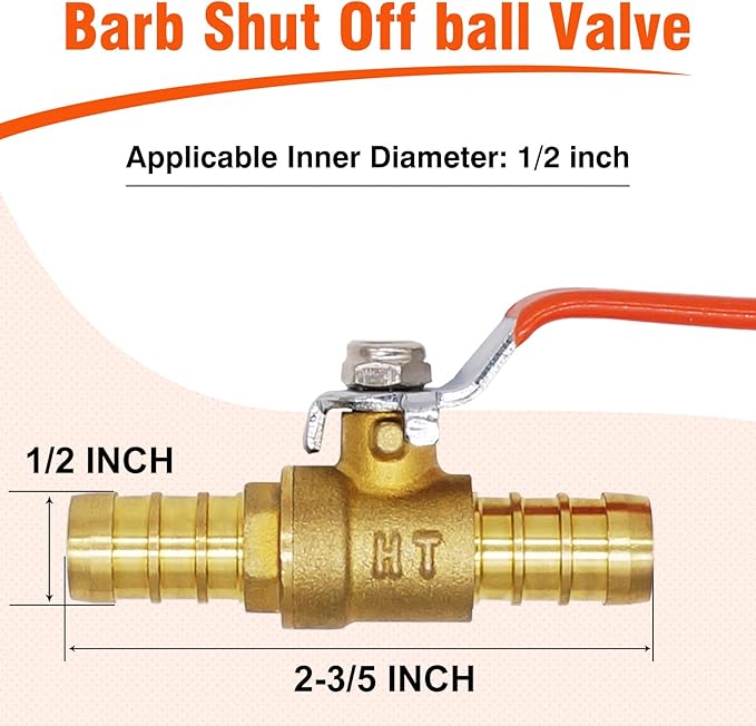1/2 inch mini 2 way brass barb air ball valve for water gas fuel shut cut off 16mm pex tubing, (2 pcs in pack)