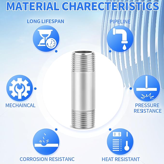 ChillWaves 304 Stainless Steel Pipe Fitting, Nipple Cast Pipe 1/2" NPT Male x 1/2" NPT Male Thread 2" Length(50MM)(2-PACK)