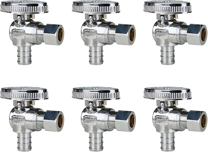 SUNGATOR 6-Pack Angle Stop Valve, 1/2" PEX x 3/8" OD Compression, Quarter Turn Chrome Plated, 1/2 inch Pex Shut Off Valves for Faucet and Toilet, UPC Certified