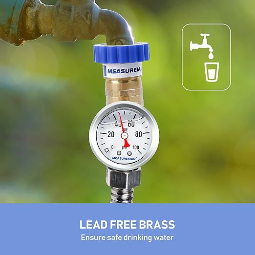 MEASUREMAN Lead-Free Brass Water Pressure Regulator, Garden Hose Pressure Regulator, Pressure Reducer with Pressure gugue, for RV, Camper, Trailer, Garden, Plumbing System