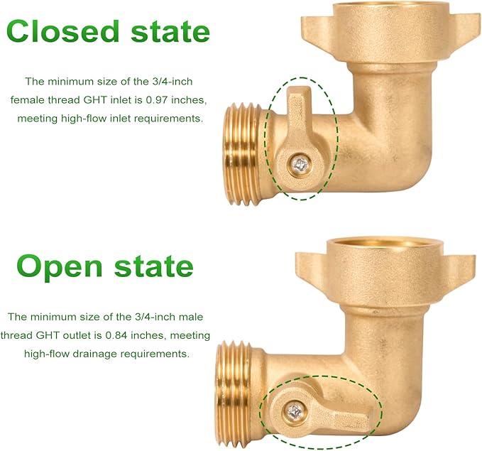 Garden Hose 90 Degree Elbow, with Shut Off Valves 3/4 Inch Solid Brass RV Water Hose Connector Fittings Adapter, Includes Washers for RV Hookups & Outdoor Faucets, 2 Pack