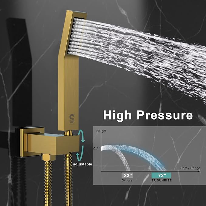 SR SUN RISE 12 Inches All Metal Square Shower System with Tub Spout, Tub Shower Faucet Set, High Pressure Rain Shower Head and Handheld Sprayer Combo Shower Fixtues, Valve Included, Brushed Gold