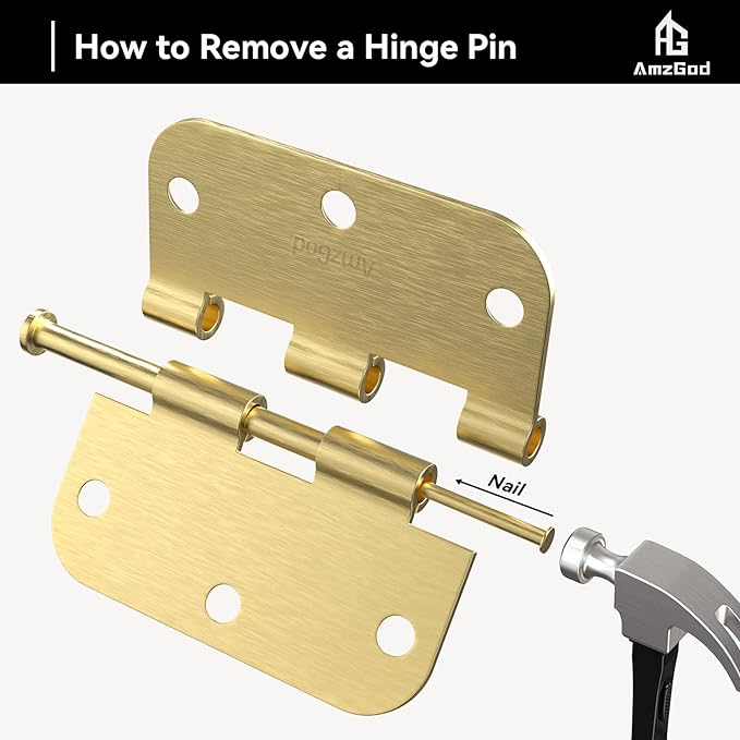 Door Hinges Satin Brass - 6 Pack Gold Door Hinges 3.5 Inch Rounded Interior Door Hinge with 5/8" Radius - 3 1/2 Inches Brushed Brass Hinges for Residential Standard Doors
