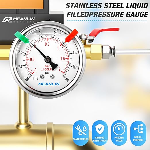 MEANLIN MEASURE -30inHG~30Psi Vacuum Pressure Gauge 1/4" NPT 2.5" FACE DIAL, Stainless Steel Liquid Filled Pressure Gauge WOG Water Oil Air Center Back Mount (with 2PCS Snaps)