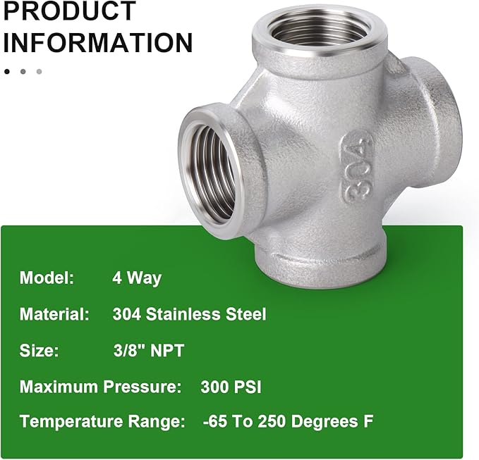 TAISHER 2PCS Stainless Steel 4 Way Pipe Fittings, 3/8" x 3/8" x 3/8" x 3/8" NPT Female Pipe Fittings
