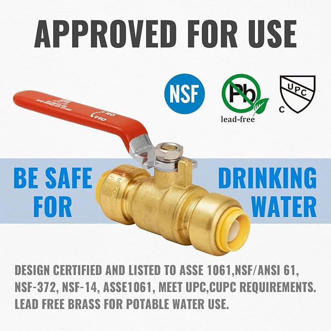 SUNGATOR 1/2 Inch Ball Valve, Water Shut Off Valve, No Lead Brass Push to Connect Plumbing Water Shutoff for PEX Pipe, Copper, CPVC, PE-RT, With 1 Disconnect Clip, Pack of 6