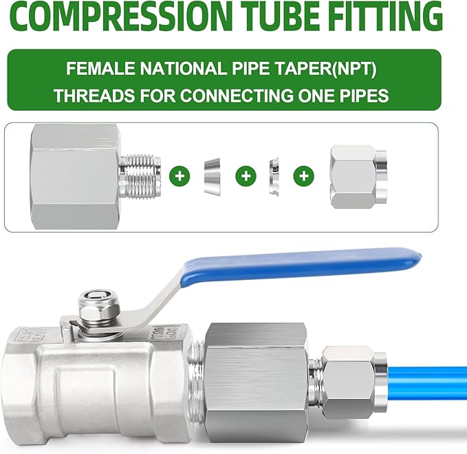 TAISHER 2PCS 304 Stainless Steel Compression Tube Pipe Fitting Connector, 1/4" Tube OD x 1/2" NPT Female Straight Adapter