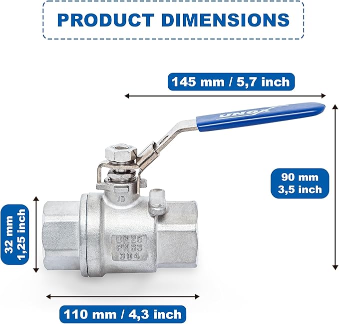 UNOX 1 1/4" NPT Full Port Ball Valve Two-Piece Body Design, Female Stainless Steel AISI304 Heavy Duty for Water Oil Gas Valve - 1000WOG Steam Ball Valve with Blue Locking Handles