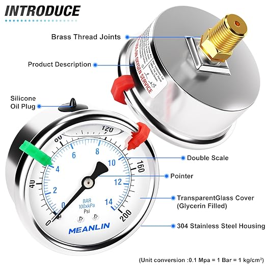 MEANLIN MEASURE 0~200Psi Liquid Filled Pressure Gauge 1/4" NPT 2.5" FACE DIAL Stainless Steel Glycerin Filled WOG Water Oil Air Back Mount (with 2PCS Snaps)